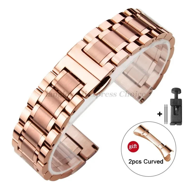 Curved End Solid Stainless Steel Watch Strap – Universal 12–24mm with Butterfly Clasp