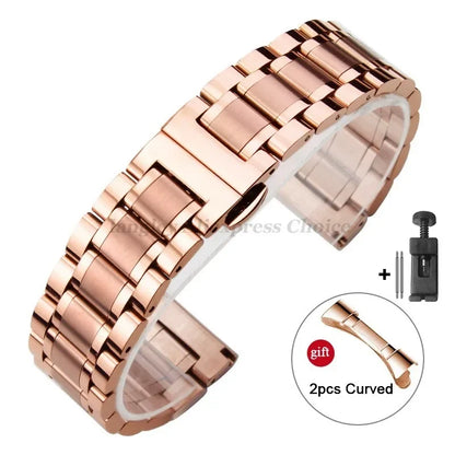Curved End Solid Stainless Steel Watch Strap – Universal 12–24mm with Butterfly Clasp