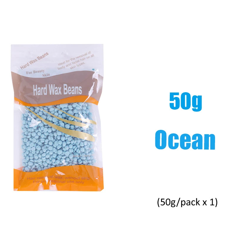 Hard wax beans for hair removal in 500g, 200g, and 50g packs by R.E.D. Shopping, showing the wax beads in a professional setting.