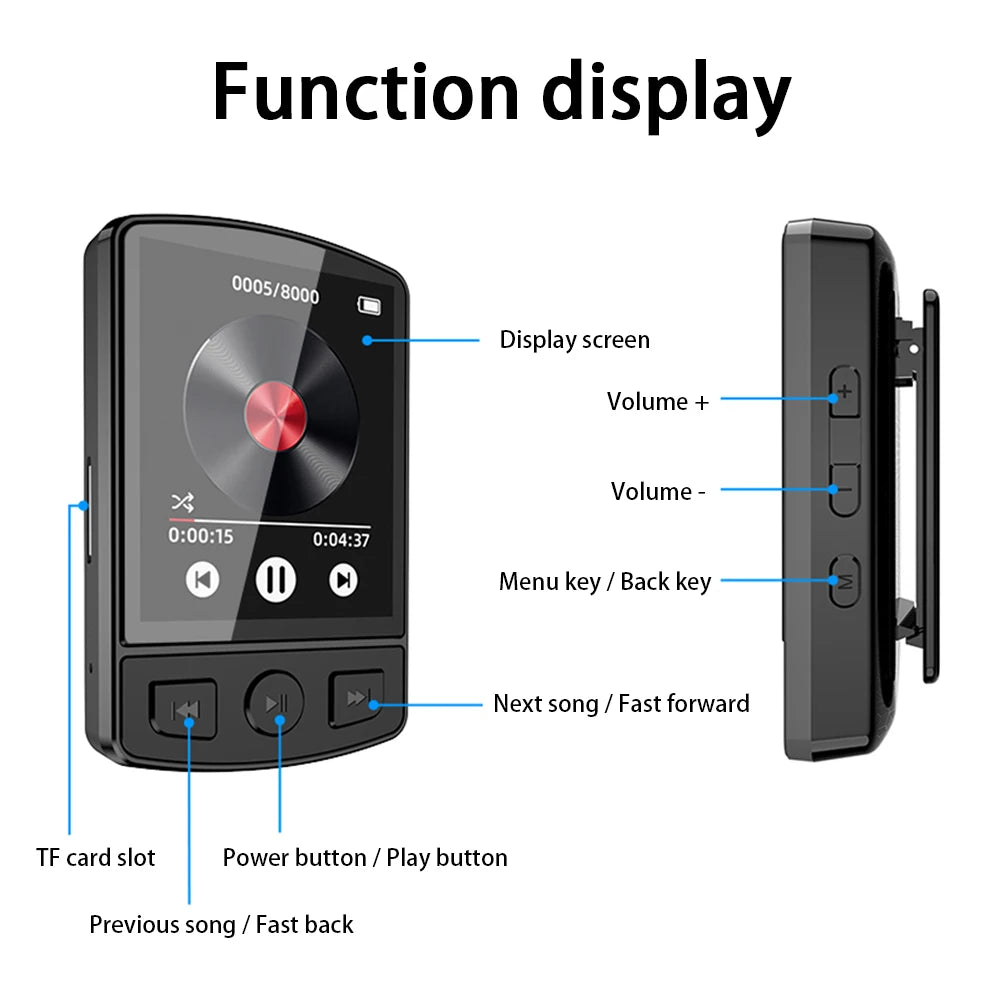 Portable Bluetooth 5.2 MP3/MP4 Music Player – 1.8" Screen, FM Radio, E-Book, Recorder, Clip Sport Walkman