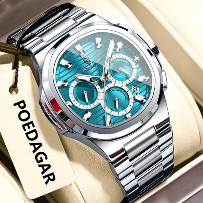POEDAGAR Men's Luxury Chronograph Watch – Stainless Steel, Waterproof, Luminous, Date