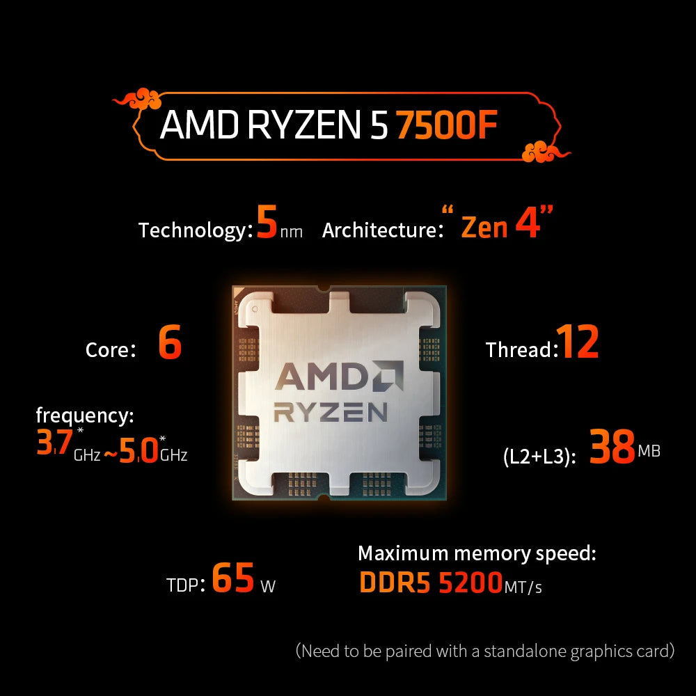AMD Ryzen 5 7500F Gaming Processor – 6-Core, 5GHz, AM5, PCIe 5.0, DDR5