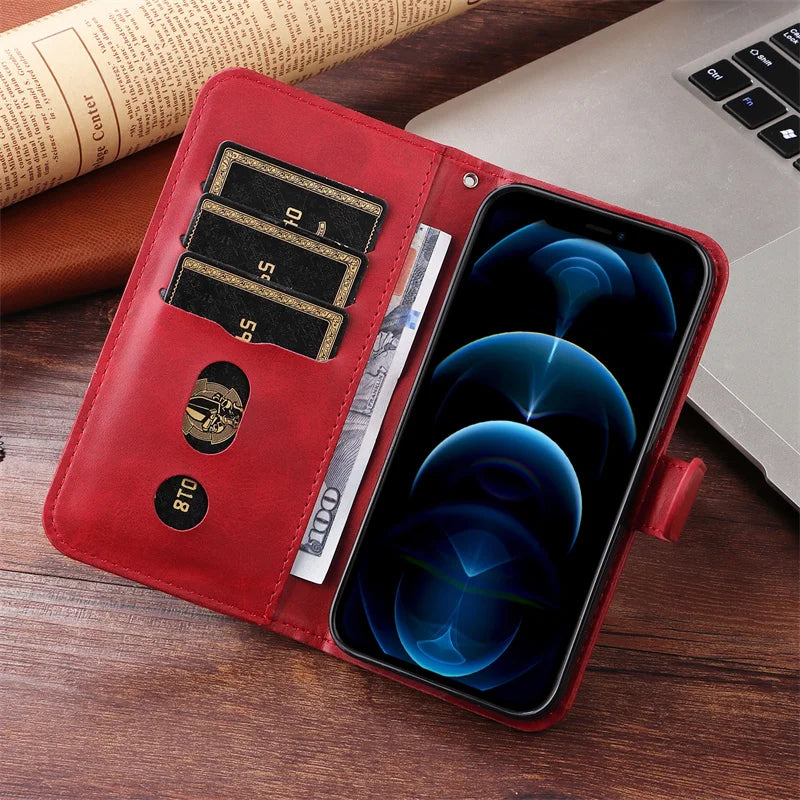 Leather iPhone 16 Plus zipper wallet case with card slots and magnetic stand, offering protection and convenient phone access.