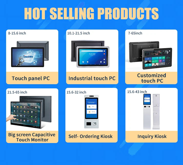 Red Shopping TouchWo 15.6-23.8-inch wall mount touchscreen kiosk for self-service checkout, ordering, and payment.