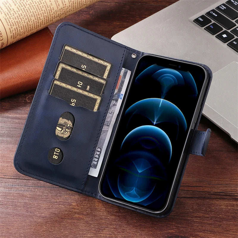 R.E.D. Shopping iPhone 16 Plus leather zipper wallet case with card slots and magnetic stand, featuring a sleek design and protective cover.