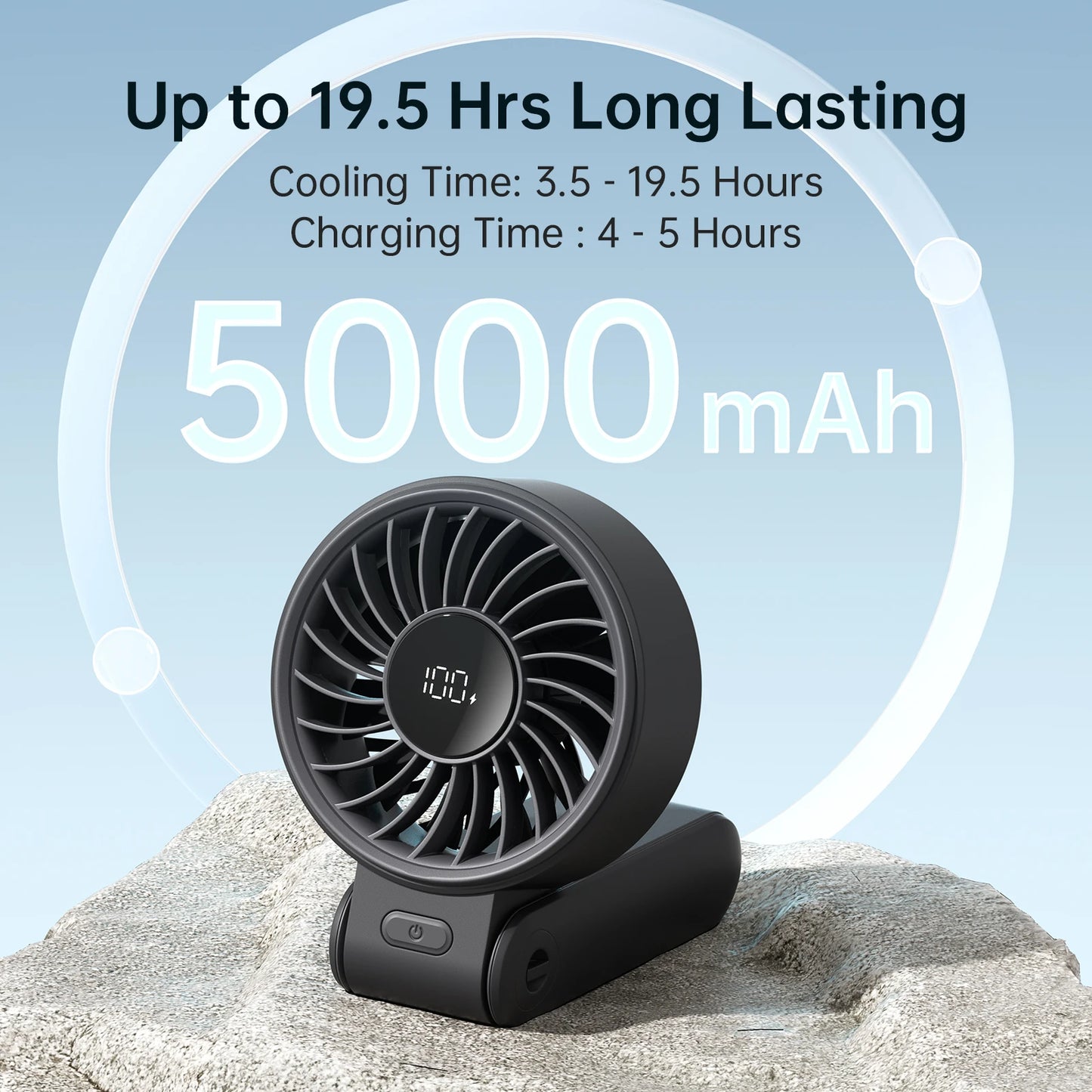 JISULIFE 3-in-1 Portable Handheld Fan – 5 Speeds, LED Display, 3600/5000mAh, Hand/Desk/Neck