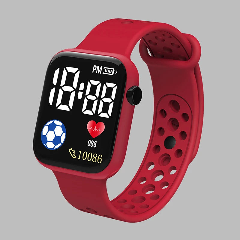 Kids LED digital sports watch with football design, silicone strap, suitable for boys and girls, by R.E.D. Shopping.
