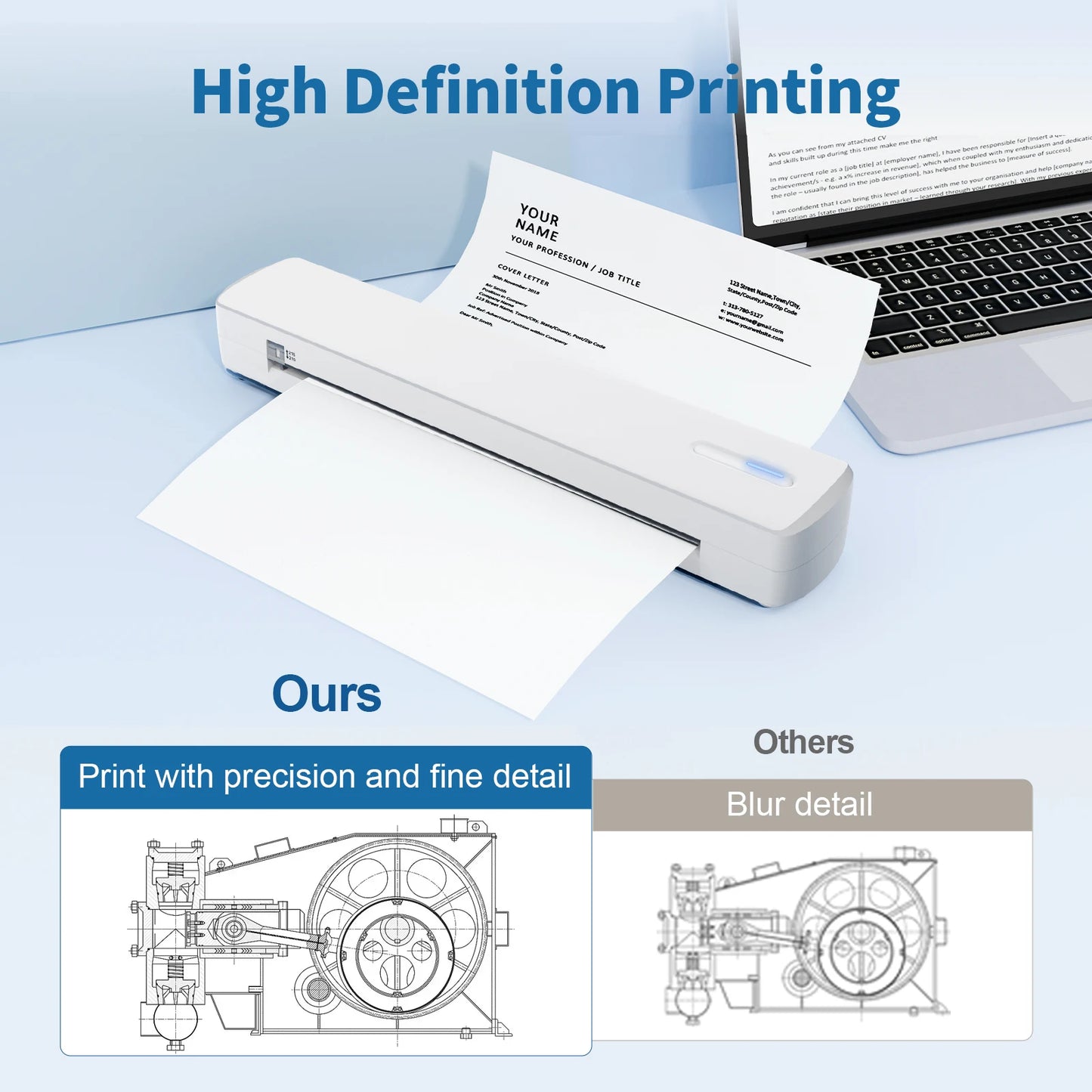 Portable A4 Wireless Inkless Thermal Printer – Bluetooth, 300DPI, 20ppm, Android & iOS