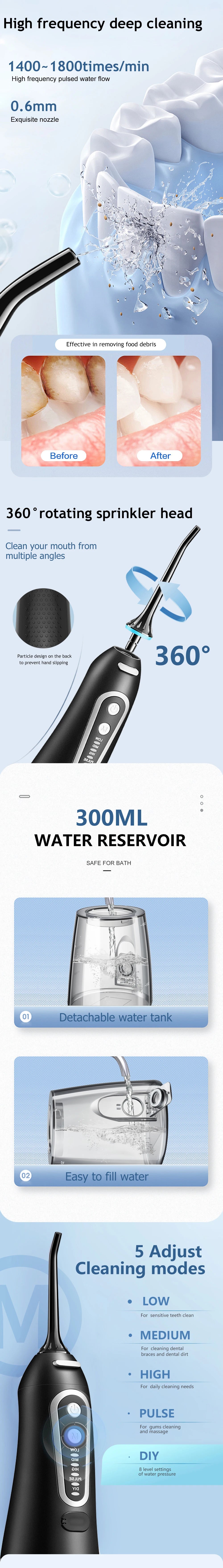 Oral Irrigator USB Rechargeable Water Flosser 300ml – Portable Dental Water Jet for Teeth & Oral Care
