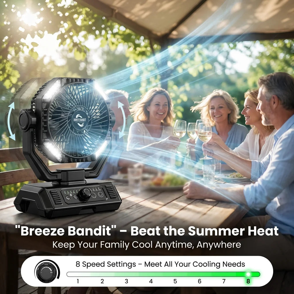 coldSky Portable Camping Fan | Rechargeable, 3 Speeds, LED Light, Hanging Hook