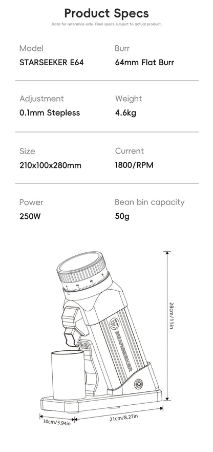 STARSEEKER E64 Electric Coffee Grinder – 64mm Titanium Flat Burr, Stepless Adjustment, EU Plug
