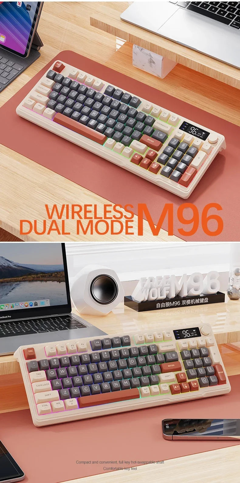 Free Wolf M96 Wireless Bluetooth Keyboard – 94 Key, Multimedia Knob, RGB, Battery Display