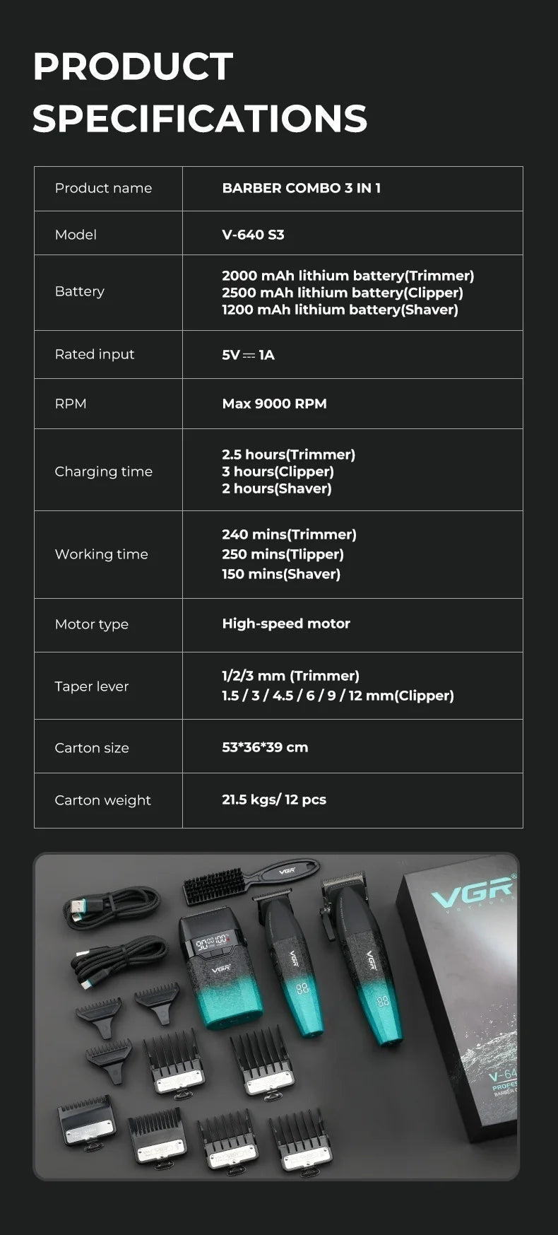 VGR V-640 Professional Hair Clipper | 9000 RPM | Cordless | Metal Body | Men's Trimmer