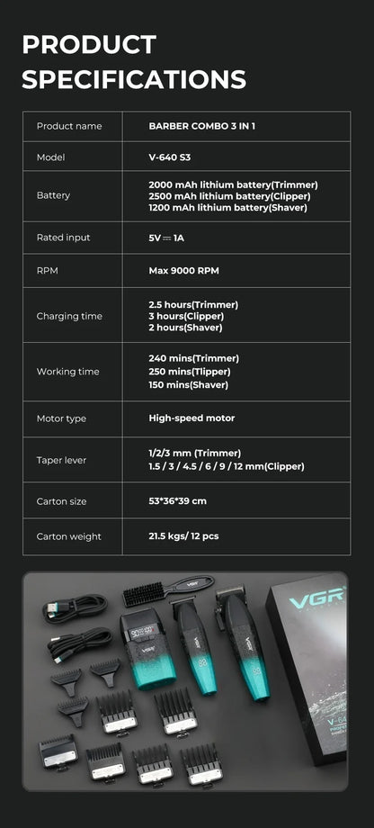 VGR V-640 Professional Hair Clipper | 9000 RPM | Cordless | Metal Body | Men's Trimmer