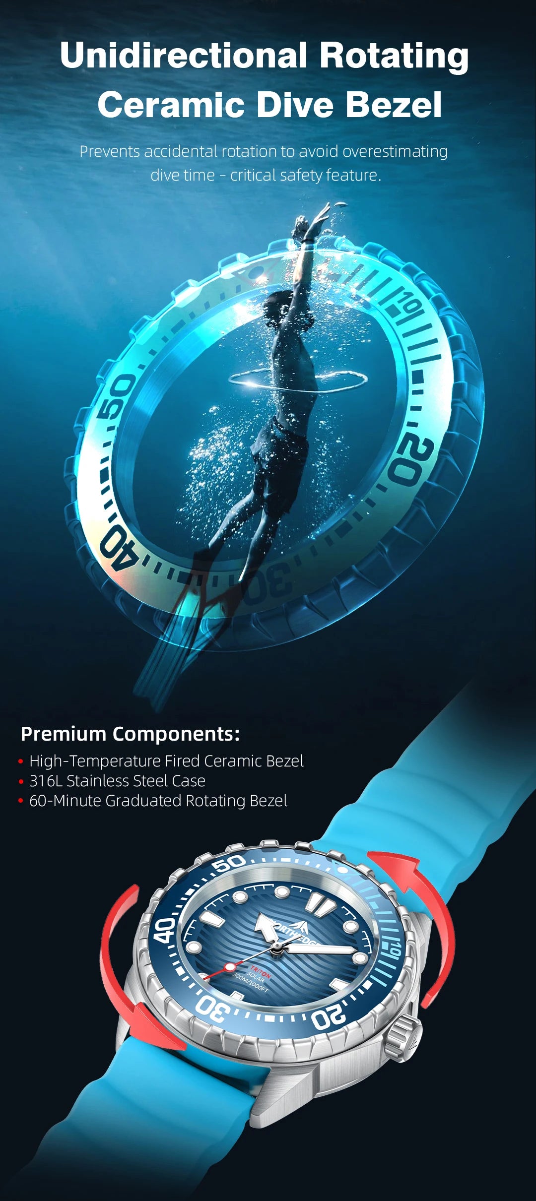 NORTH EDGE TRITON Solar Dive Watch – Men's Luxury Quartz, 316L Steel, 300M Waterproof, 2025