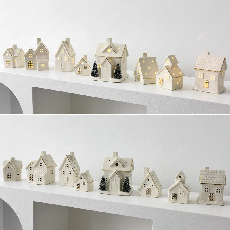 Luminous ceramic snow house Christmas ornament from R.E.D. Shopping, LED tabletop holiday decor with festive winter design.