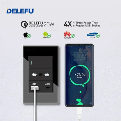 DELEFU Black Tempered Glass Wall Socket – USB Type-C Fast Charging Schuko & Italy