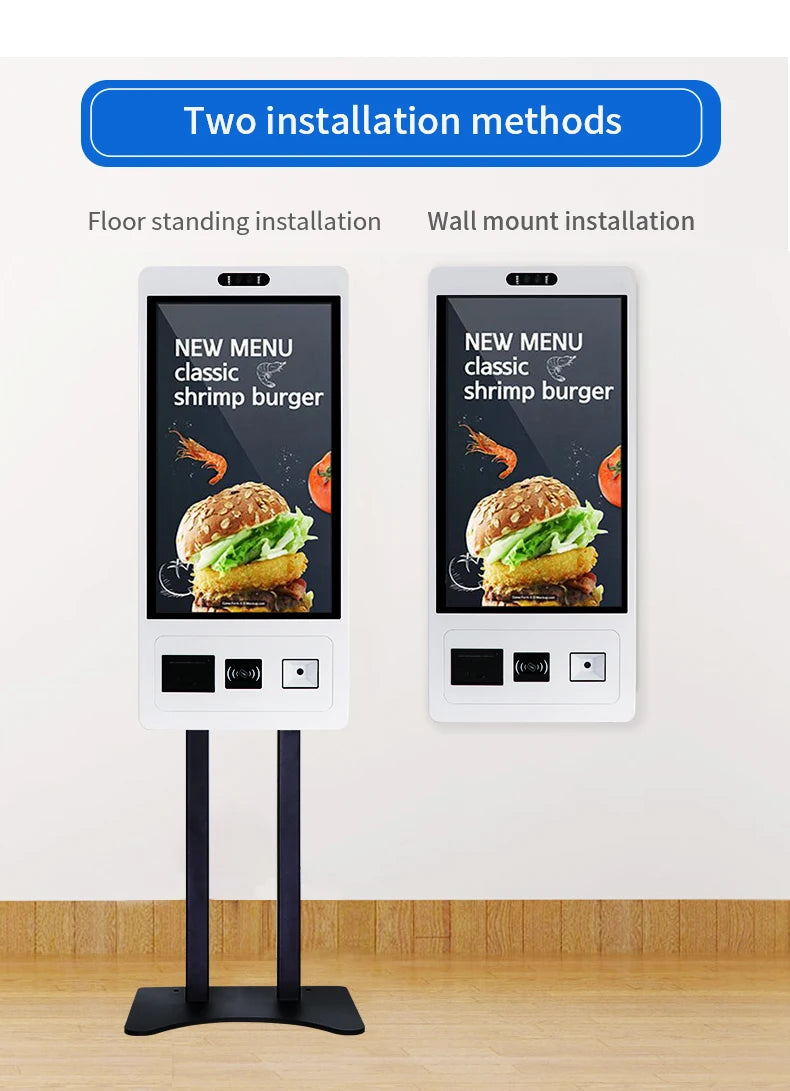 TouchWo 27-32 inch touchscreen self-service kiosk by R.E.D. Shopping for ticketing, payment, and ordering with Windows or Android.