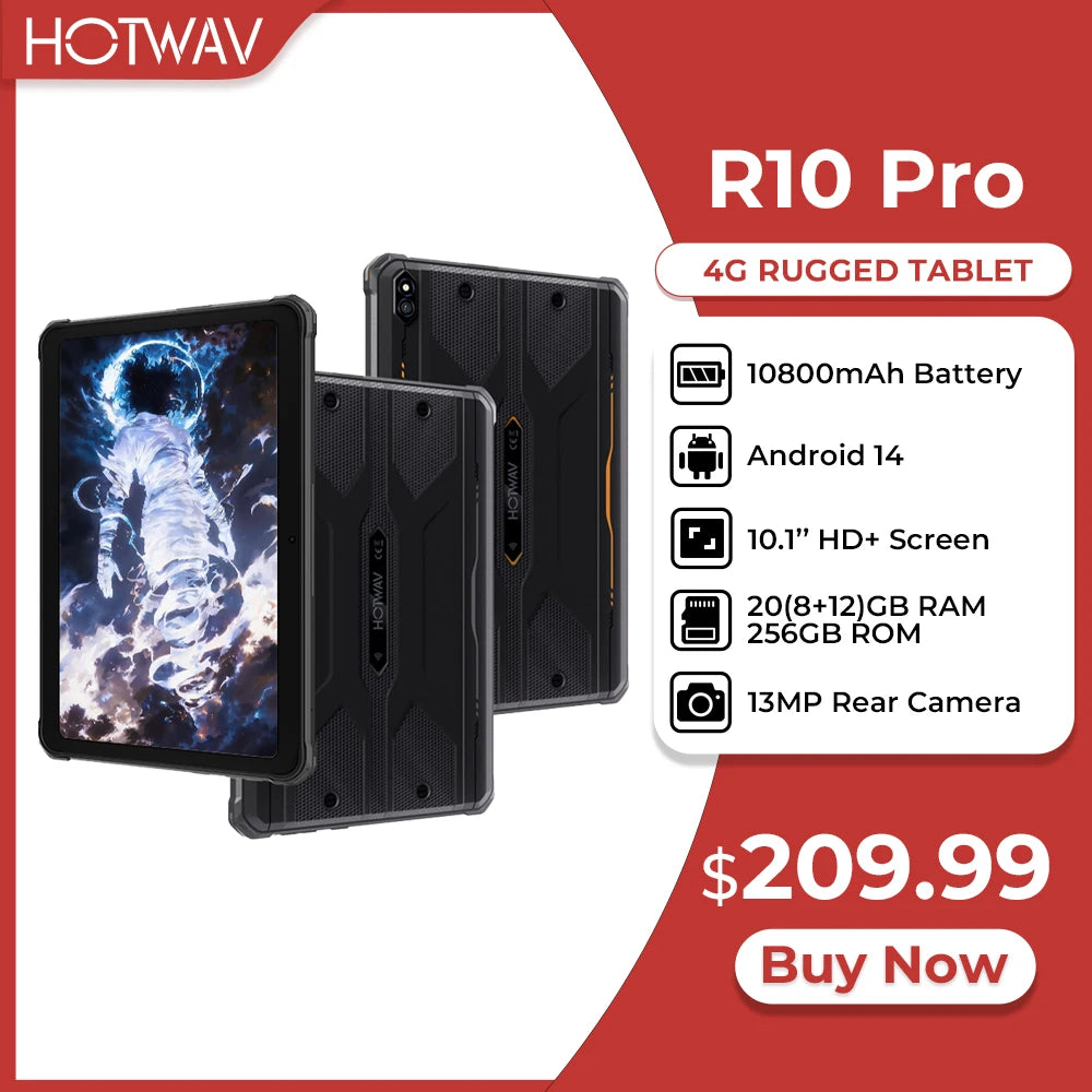 HOTWAV R10 Pro Rugged Tablet | 10800mAh | 10.1" HD+ | Android 14 | 8GB+256GB | 4G | 13MP