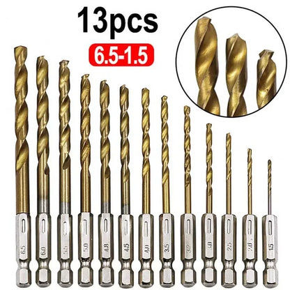 13/16-Piece HSS Titanium Coated Drill Bit Set – 1/4" Hex Shank 1.5–6.5mm