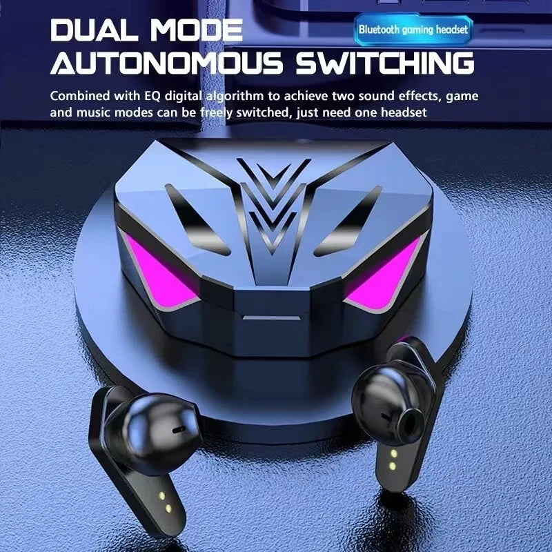Red TWS wireless Bluetooth gaming earbuds with LED display, built-in mic, noise cancelling, and compact headphone design.
