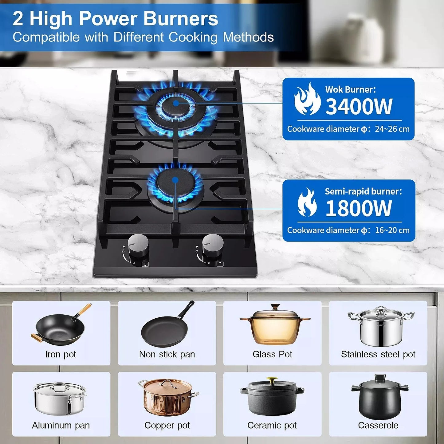 TopStrong 2-Burner Built-In Gas Hob 30cm – Tempered Glass, NG/LPG Dual Fuel (UKGCT-B02)