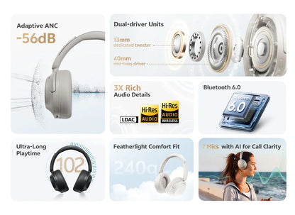 QCY H3S ANC Over-Ear Headphones – -56dB, LDAC, Dual Driver, Bluetooth 6.0, 102Hrs