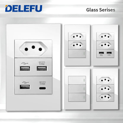 DELEFU Tempered Glass Smart Wall Socket with USB-C | Tuya WiFi | 10A–20A
