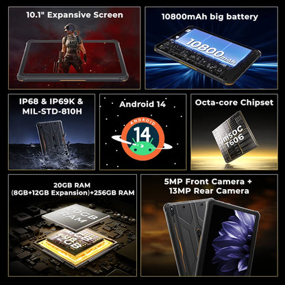 HOTWAV R10 Pro Rugged Tablet | 10800mAh | 10.1" HD+ | Android 14 | 8GB+256GB | 4G | 13MP