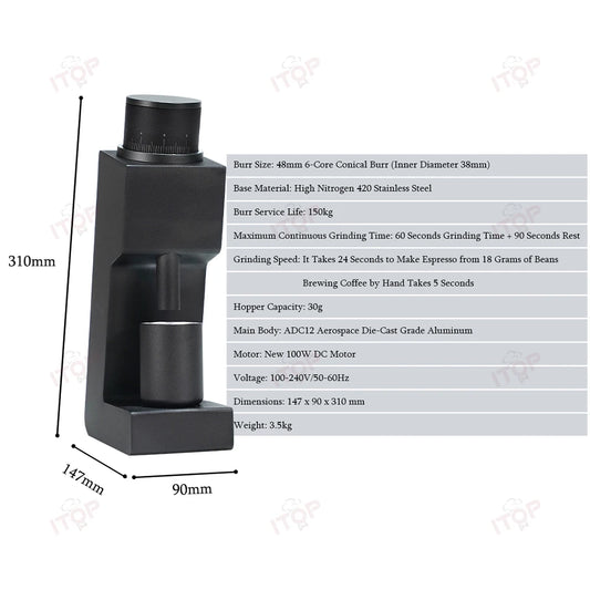 ITOP 03 Electric Coffee Grinder – 38mm / 48mm Flat Burr, 6 & 7-Core, Espresso & Filter | 110V / 220V