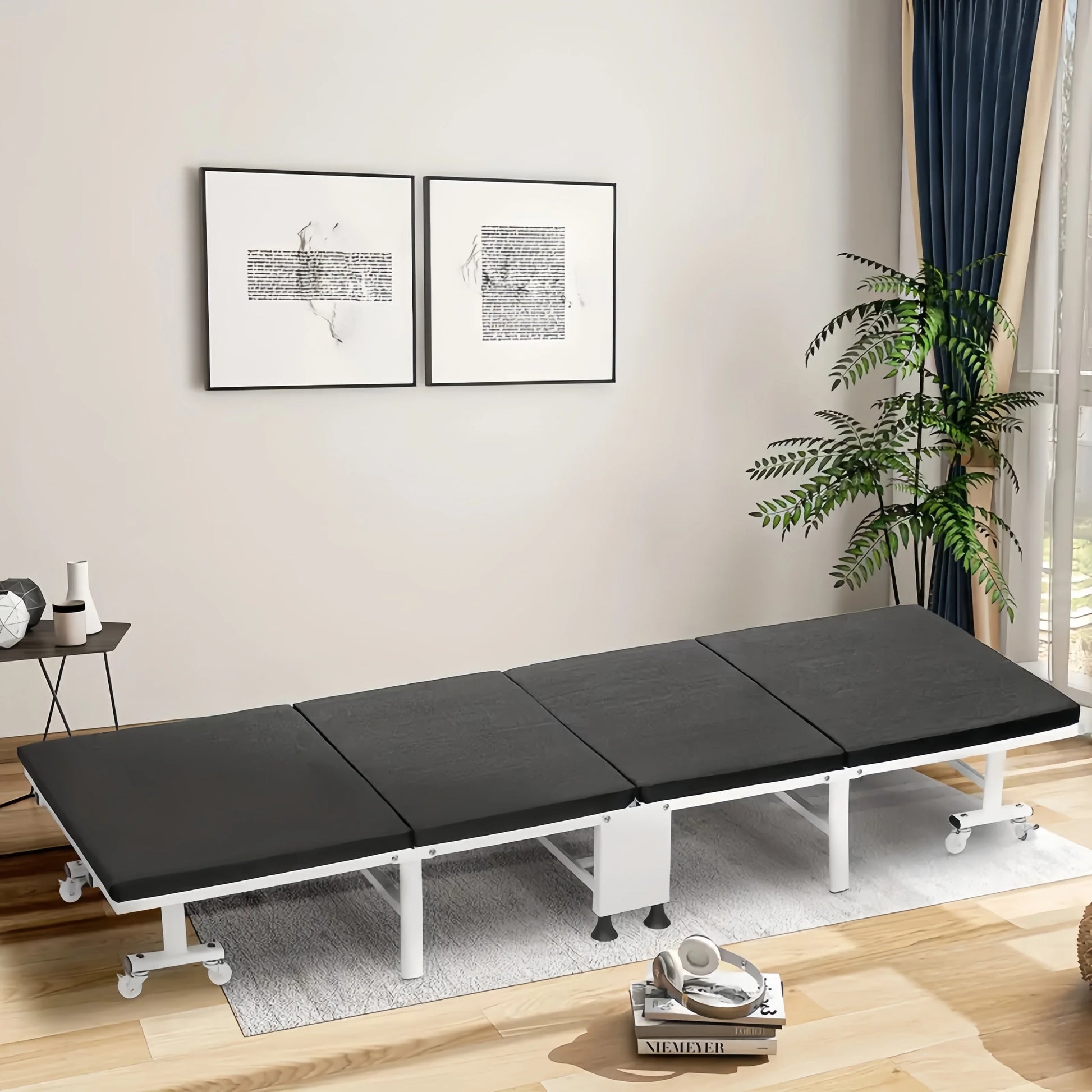 Heavy-duty folding bed with steel frame and lockable casters, available in 60cm to 90cm sizes, ideal for home and bedroom use.