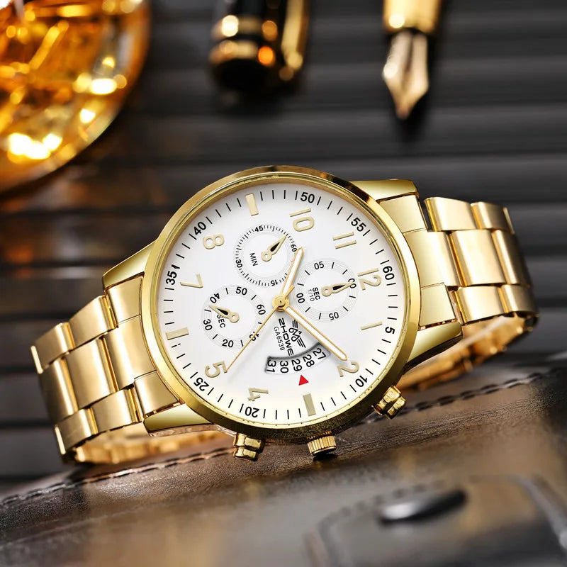 Men's luxury business watch with calendar feature and steel strap, stylish accessory from R.E.D. Shopping.