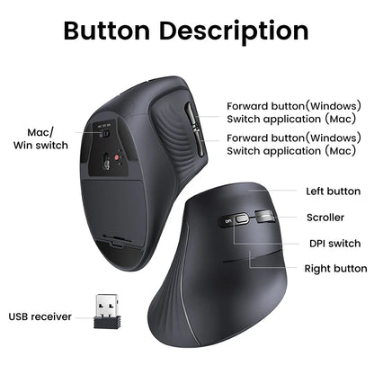 UGREEN Vertical Ergonomic Mouse – Bluetooth 5.0 & 2.4G Wireless, 4000DPI, 6 Silent Buttons, for Mac & PC