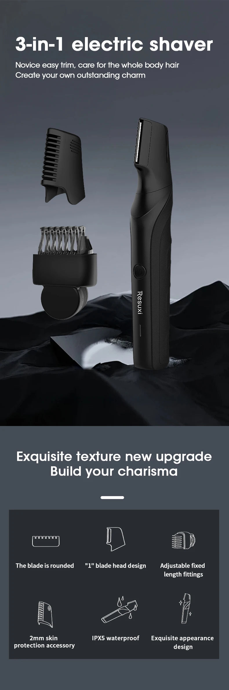 Body Hair Trimmer for Men | Groin & Pubic | Wet/Dry | V-Shaped Head | 2 Comb Attachments