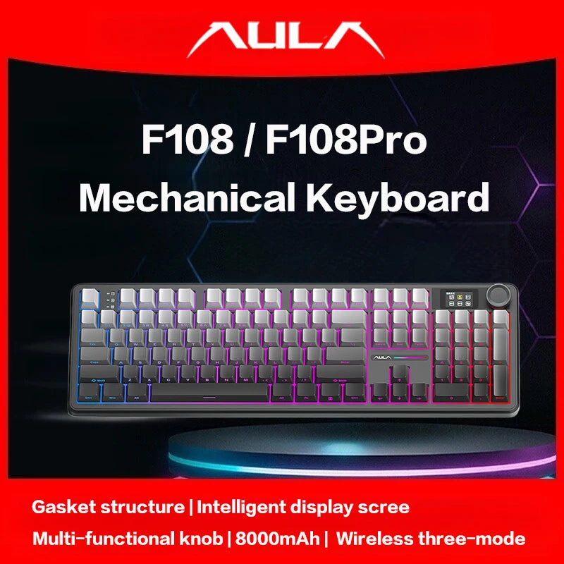 AULA F108Pro Wireless Mechanical Keyboard – UK Layout, Bluetooth Tri-Mode, Gasket, Hot-Swap, RGB, 104 Keys