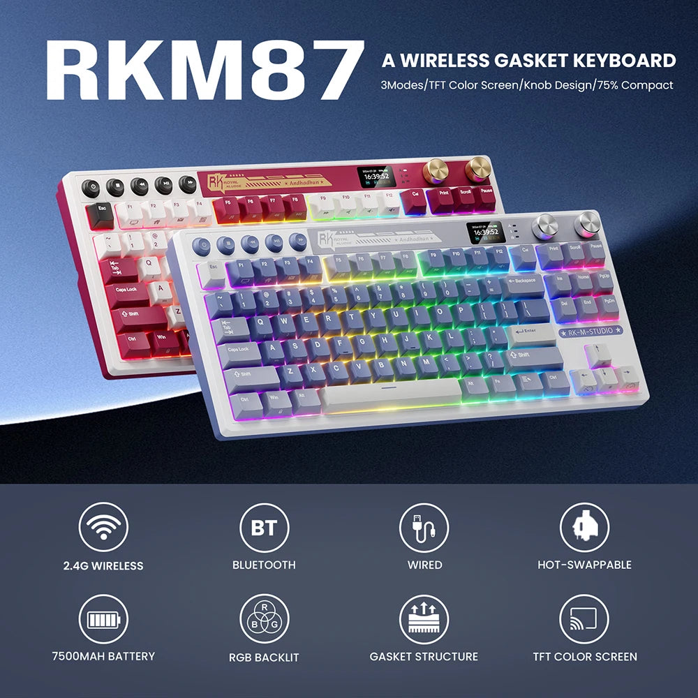 RK Royal Kludge M87 Wireless Mechanical Keyboard – 87 Key, Hot-Swap, BT/2.4G/USB-C, TFT Screen