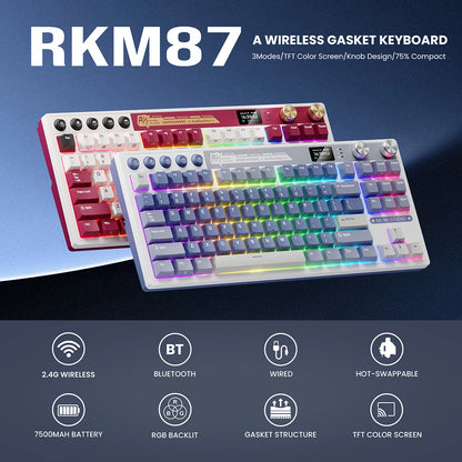 RK Royal Kludge M87 Wireless Mechanical Keyboard – 87 Key, Hot-Swap, BT/2.4G/USB-C, TFT Screen
