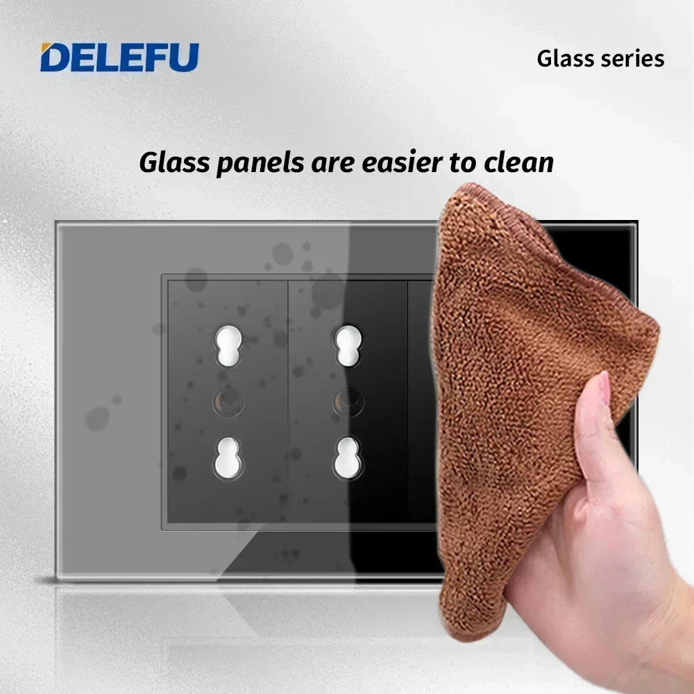DELEFU Black Tempered Glass Wall Socket – USB Type-C Fast Charging Schuko & Italy
