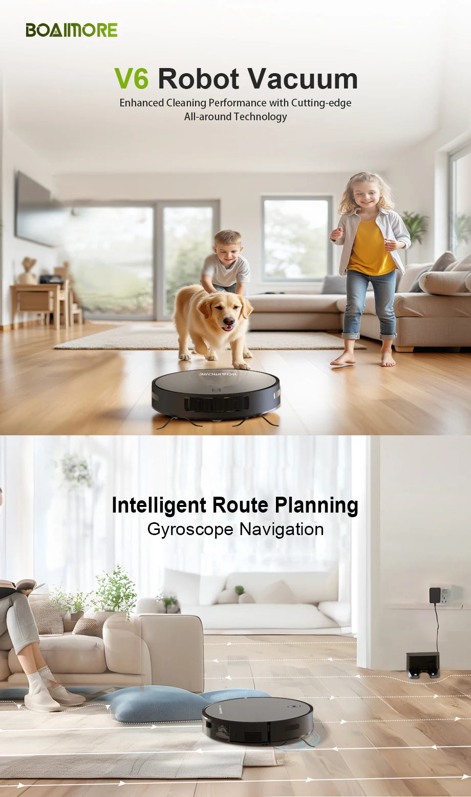 Robot Vacuum & Mop Combo – 6000PA Suction, WiFi & Voice Control, Auto-Recharge, Pet Hair | V6