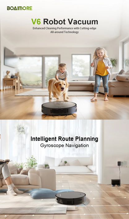 Robot Vacuum & Mop Combo – 6000PA Suction, WiFi & Voice Control, Auto-Recharge, Pet Hair | V6