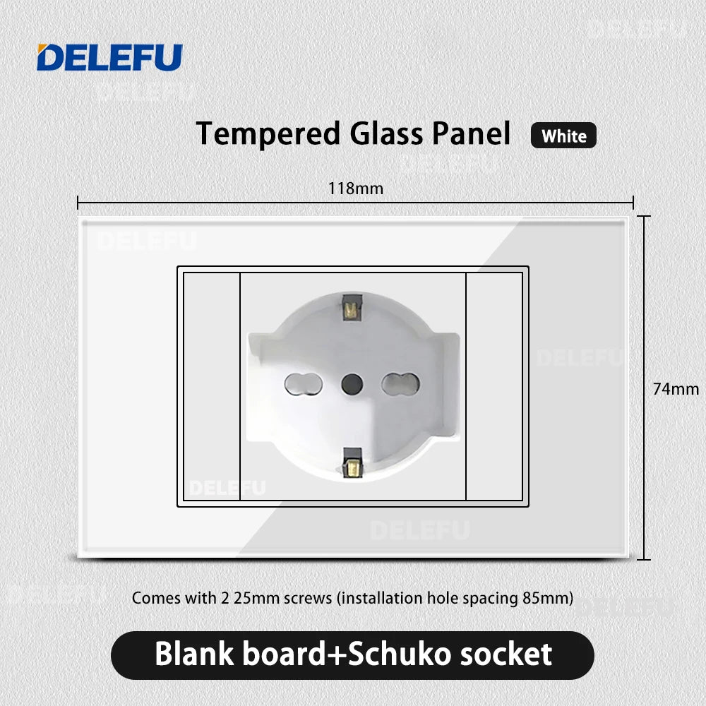 DELEFU Tempered Glass Wall Socket with USB-C Fast Charging – Schuko/Italy
