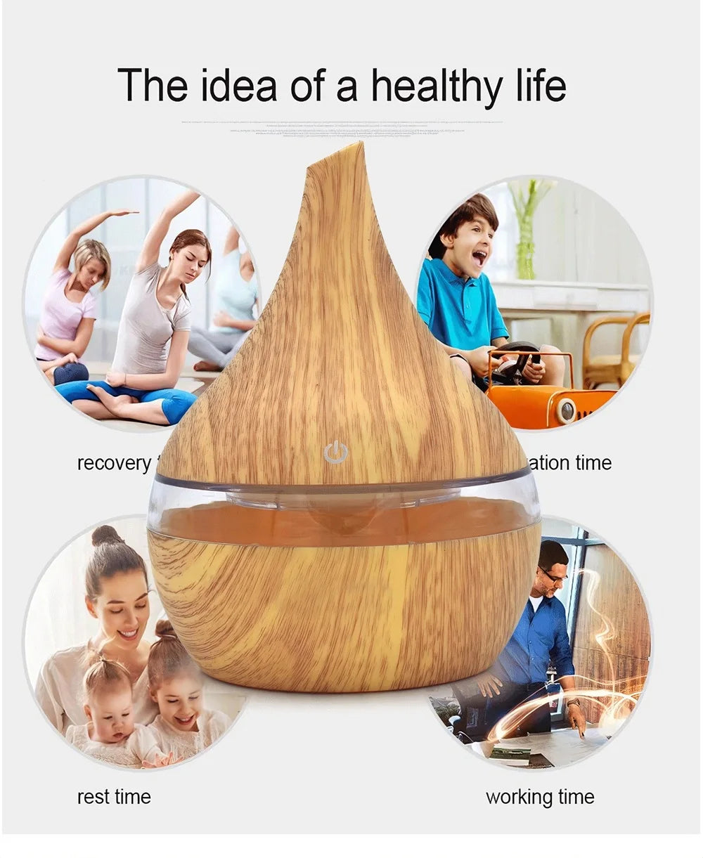 Portable Aroma Diffuser & Humidifier – 300ml, USB, 7-Color RGB Night Light | Light/Dark Wood, White