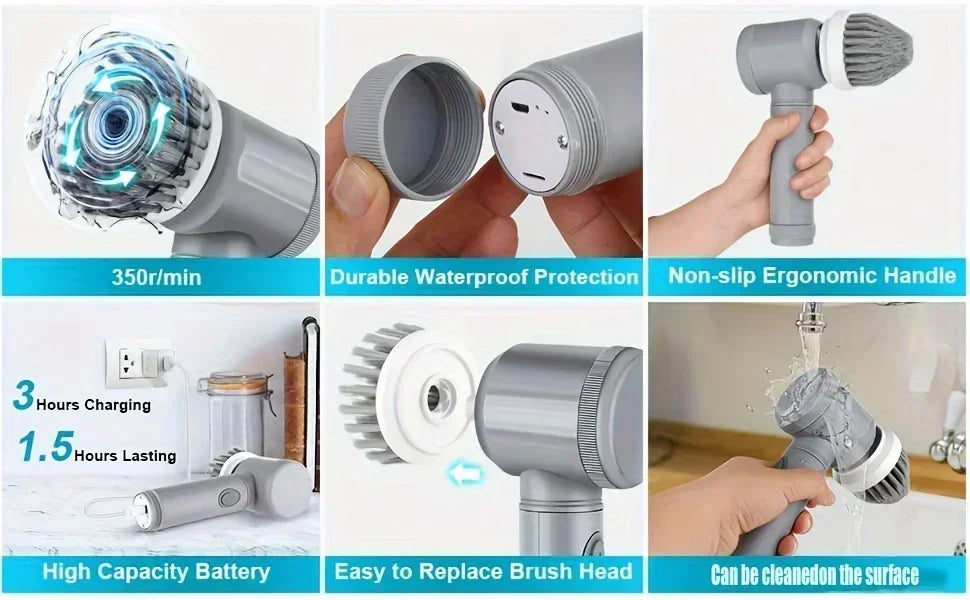 Cordless electric spin scrubber from R.E.D. Shopping with five replaceable cleaning heads for bathroom and household cleaning.