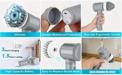Cordless electric spin scrubber from R.E.D. Shopping with five replaceable cleaning heads for bathroom and household cleaning.
