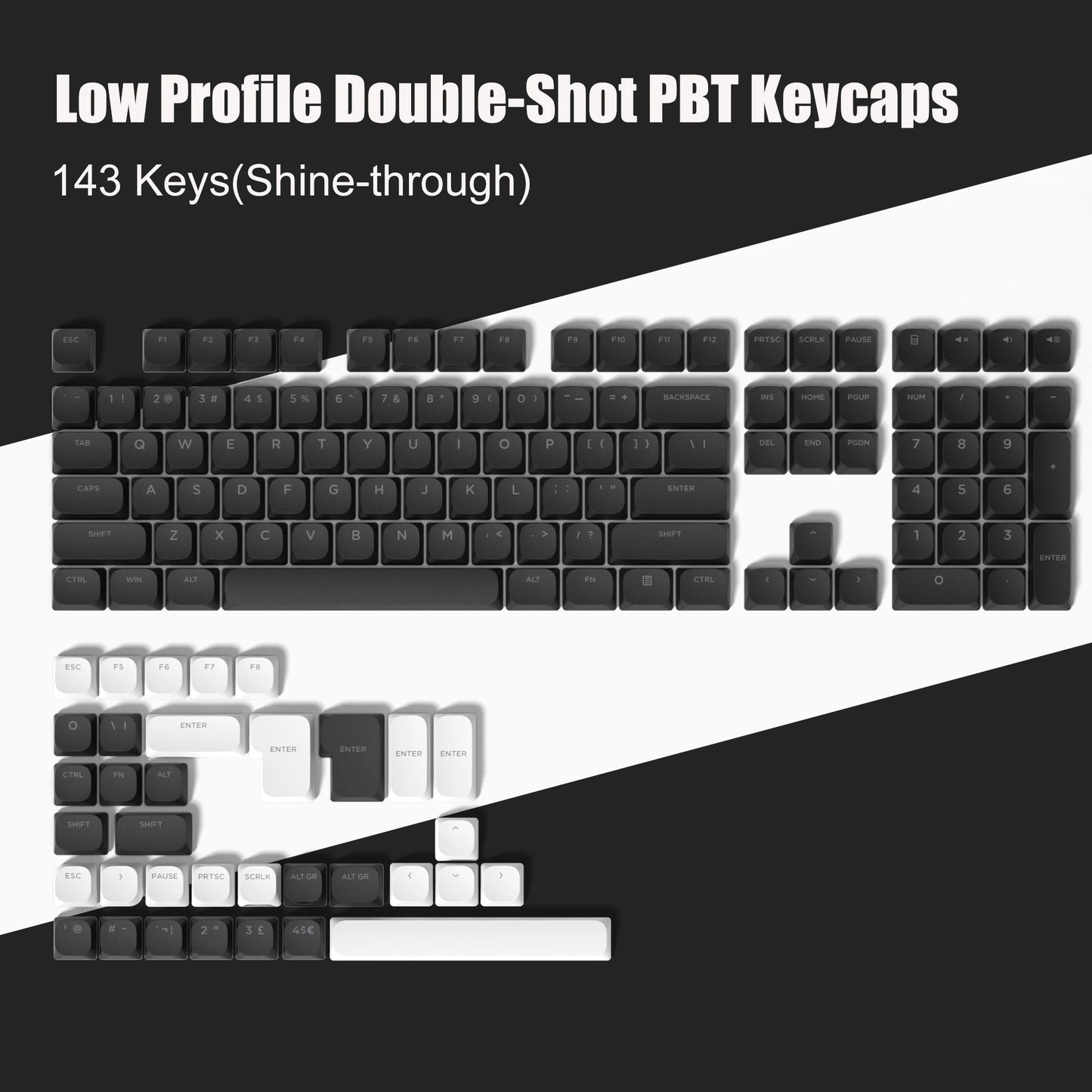 143 Key Low Profile PBT Keycaps – RGB Shine-Through, 60%/87/104, Cherry/Gateron MX