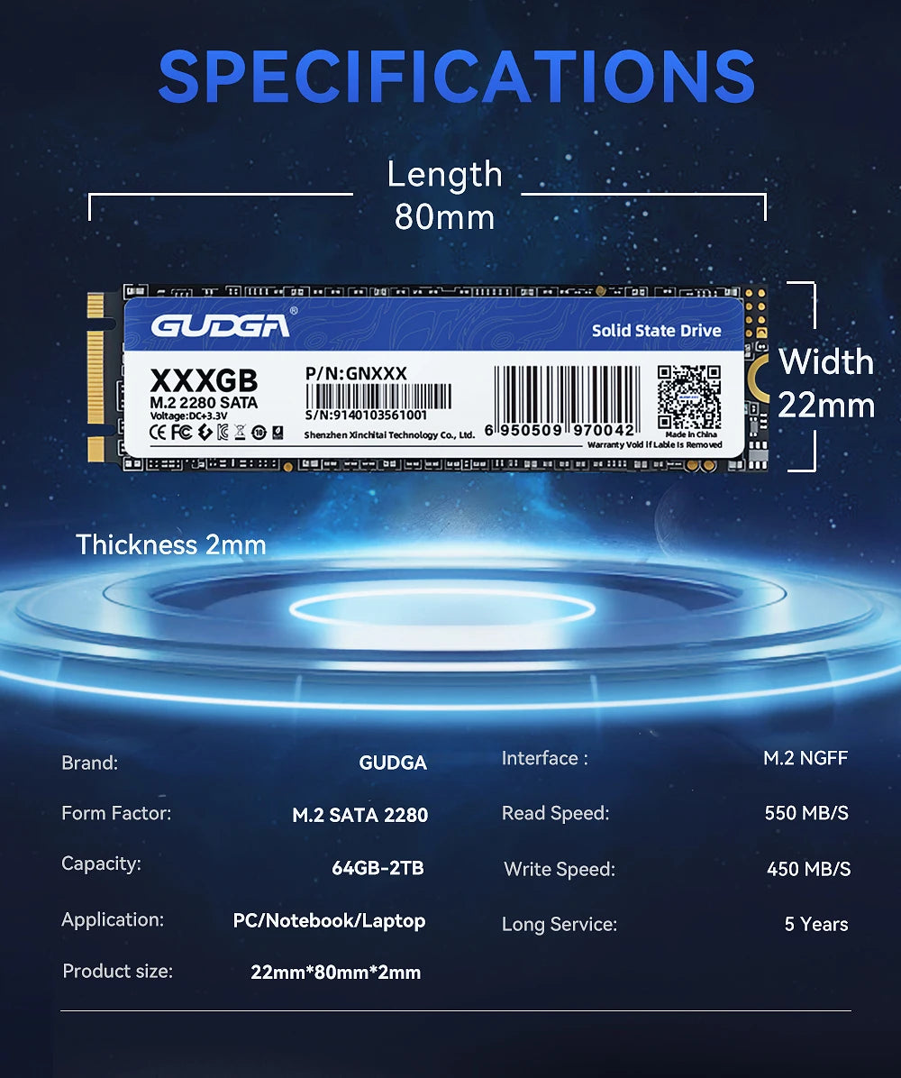 GUDGA M.2 SATA SSD – 128GB to 1TB Internal Drive (2242 & 2280)