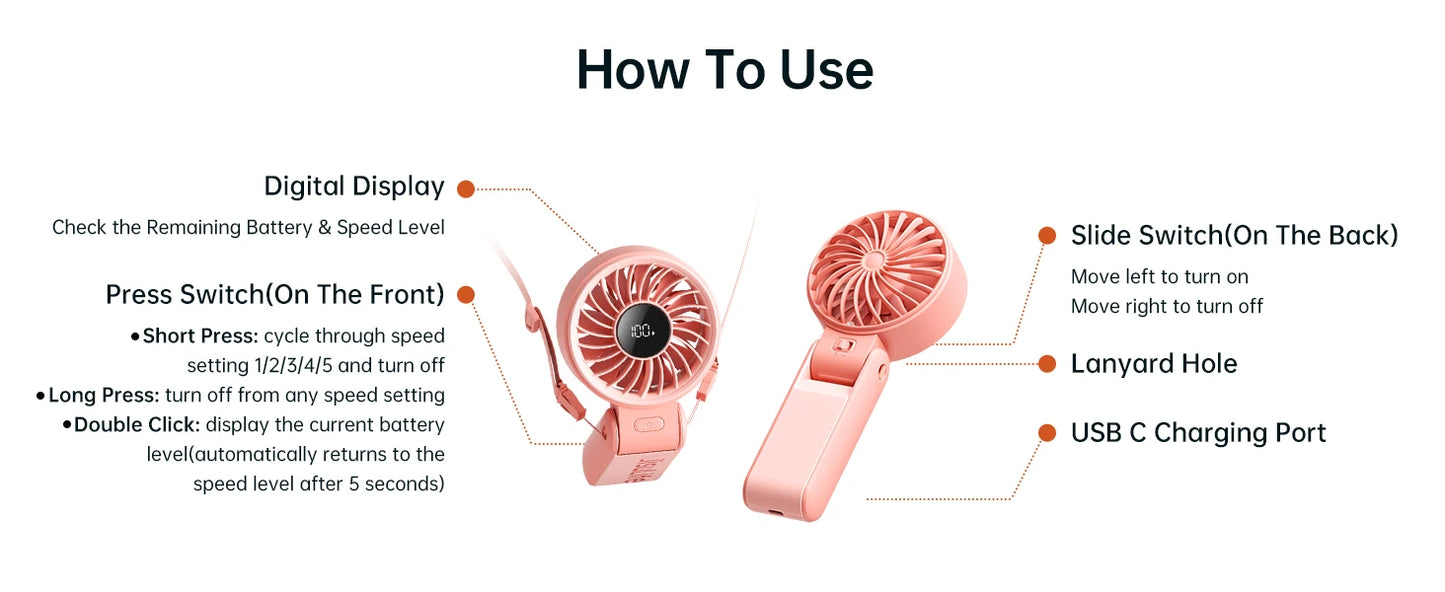 JISULIFE 3-in-1 Portable Handheld Fan – 5 Speeds, LED Display, 3600/5000mAh, Hand/Desk/Neck