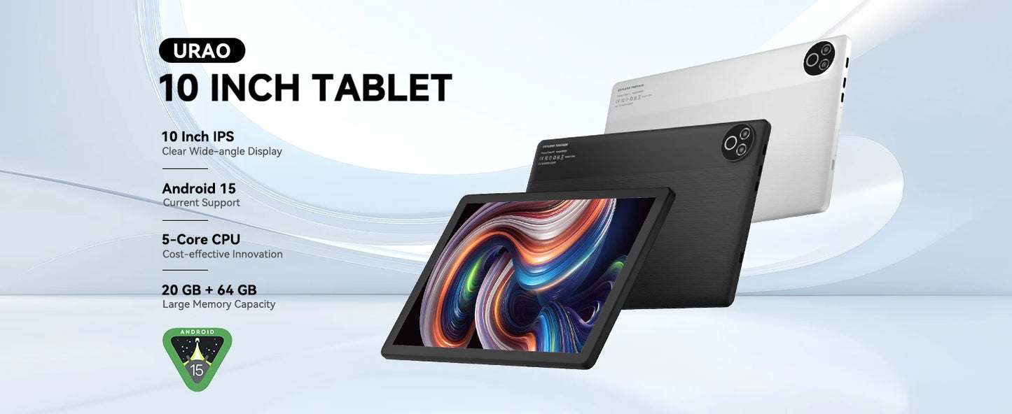 URAO Tablet 10.4" – Android 15, 20GB RAM, 64GB+1TB, WiFi 6, BT 5.4, Dual Camera, GMS