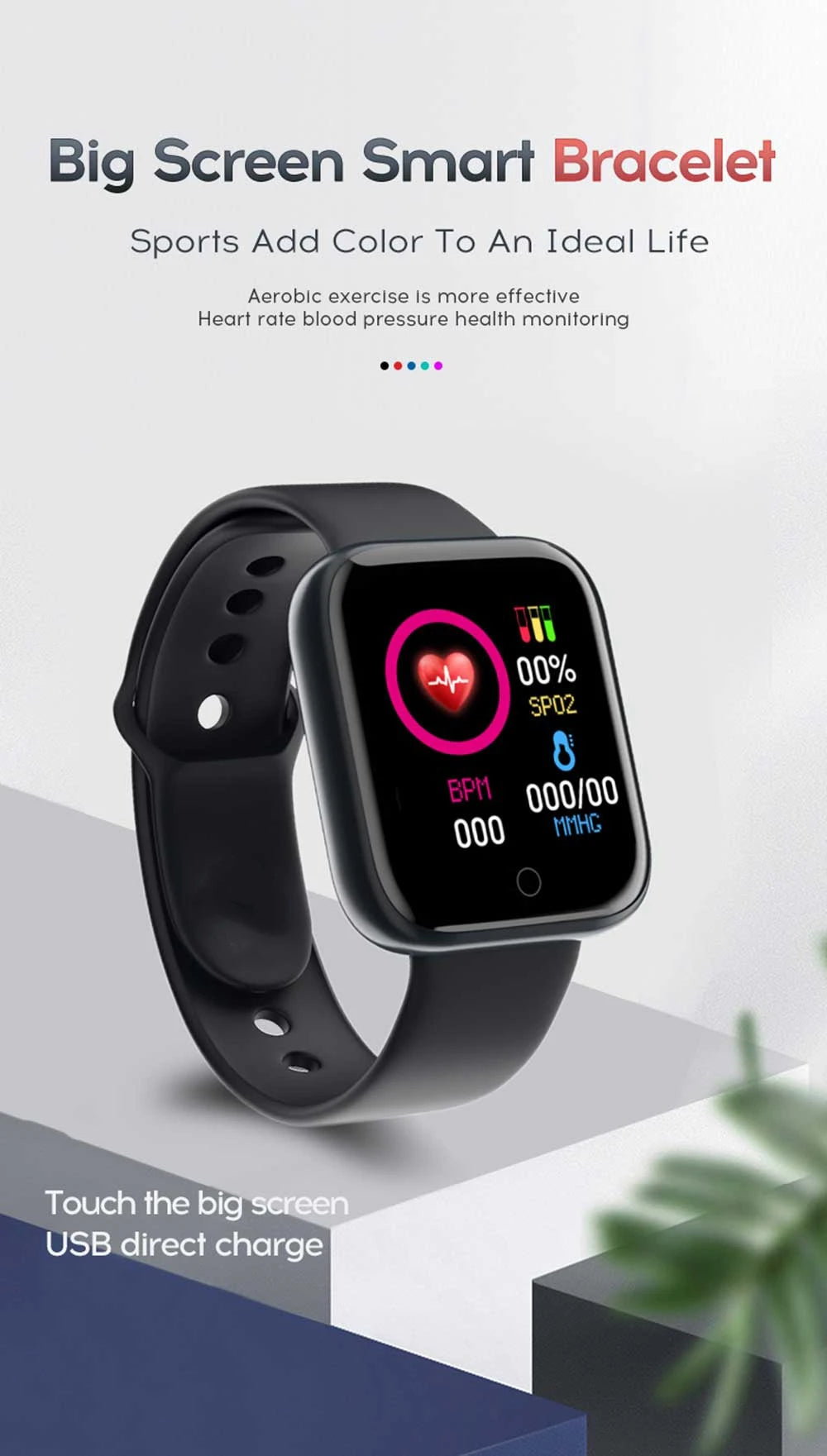 R.E.D. Shopping Y68/D20 smart watch with black strap, touchscreen display, showing fitness tracker, sleep monitoring, and music control features.