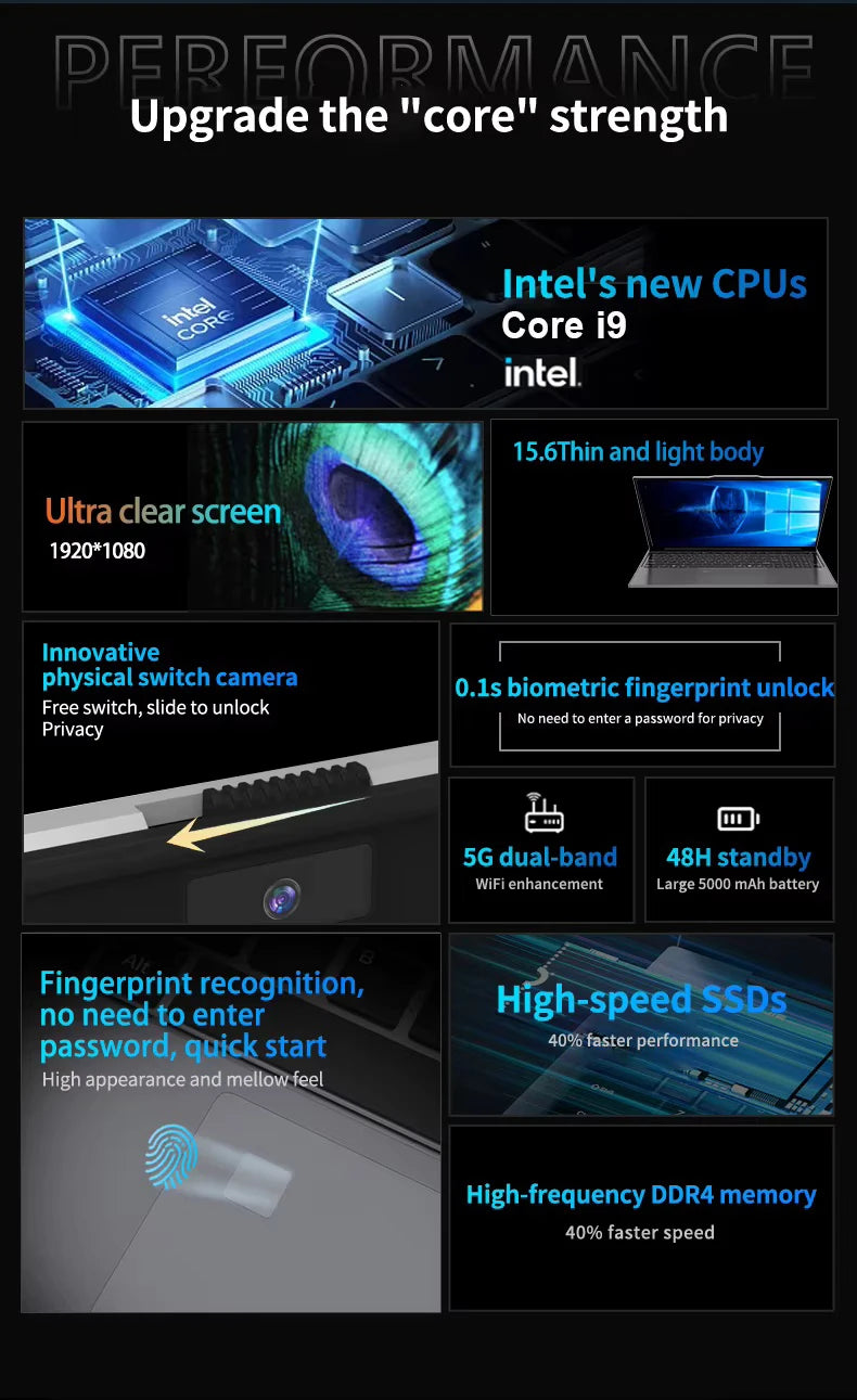15.6" Laptop – Intel Core i9-10980HK, 16GB DDR4, up to 2TB SSD, Fingerprint, Windows 11